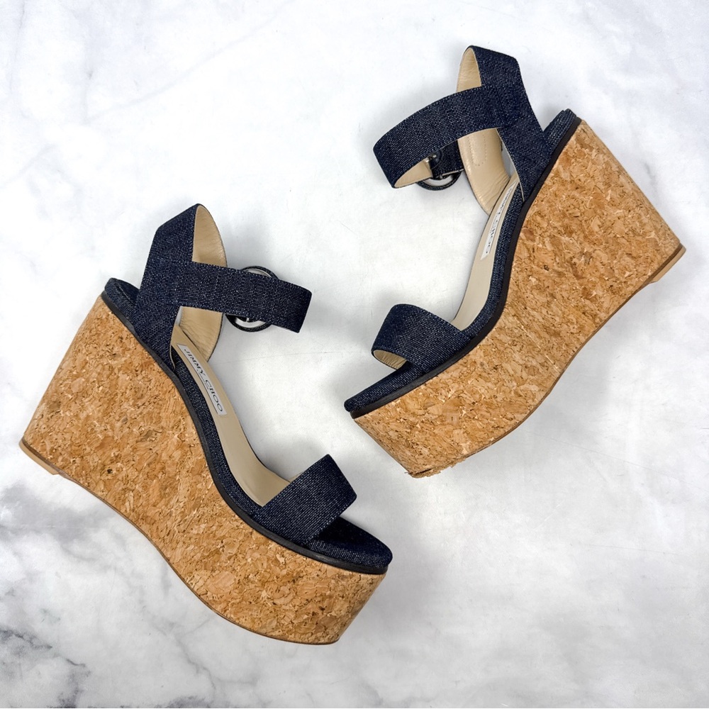 Jimmy Choo Abigail Denim Chambray Chunky Platform Cork Wedge Sandal Heels 39 - Picture 10 of 15